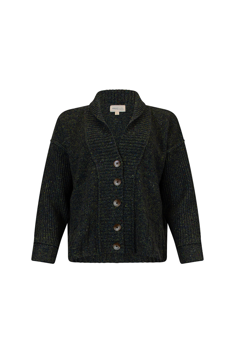 Dark textured cardigan with buttons on a white background