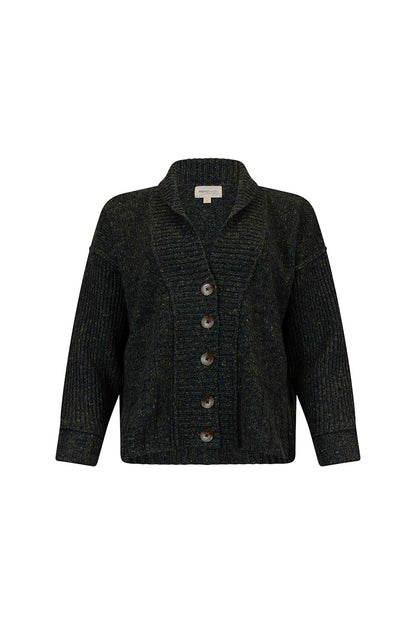 Dark textured cardigan with buttons on a white background