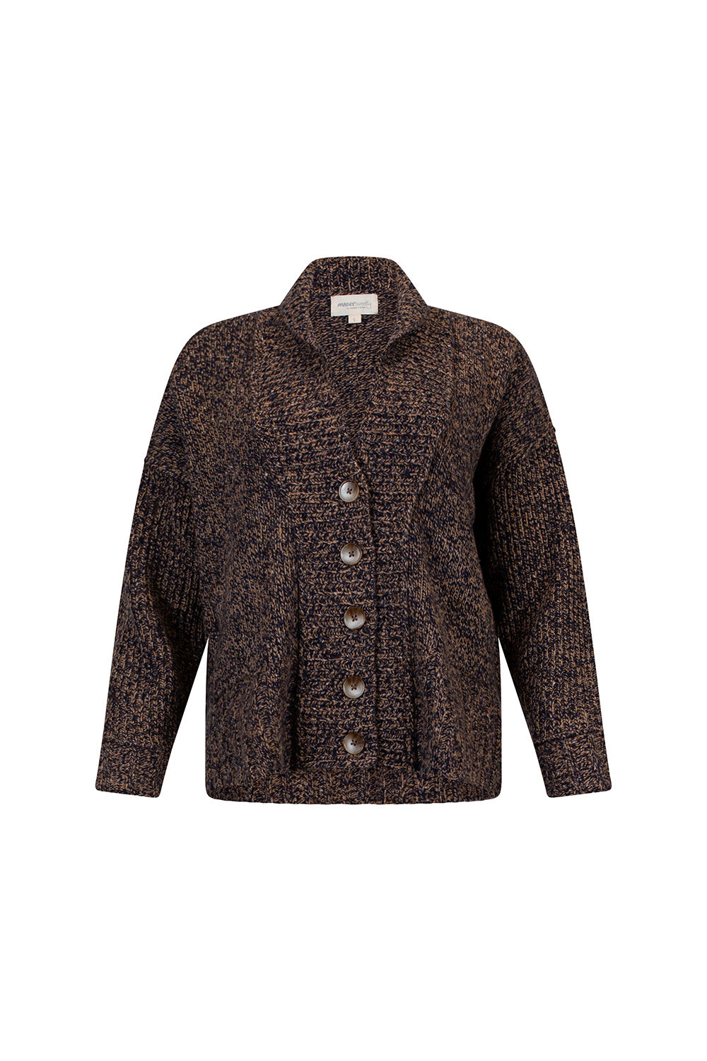 Brown textured cardigan with buttons on a white background