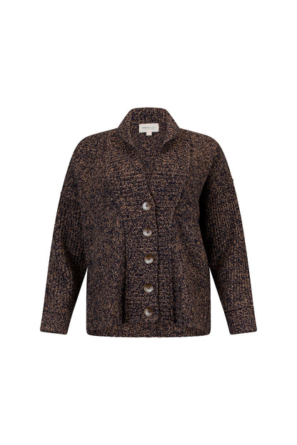 Brown textured cardigan with buttons on a white background