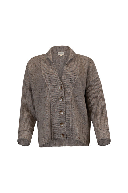 Knitted textured taupe cardigan with button details on a white background